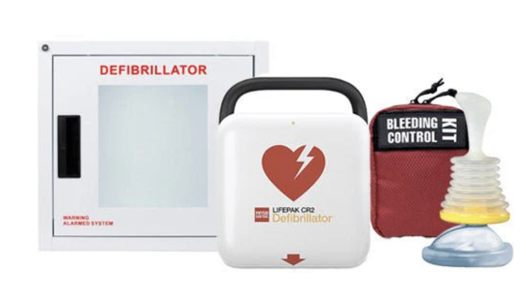 LIFEPAK CR2 AED with wall-mount cabinet and bleeding control kit