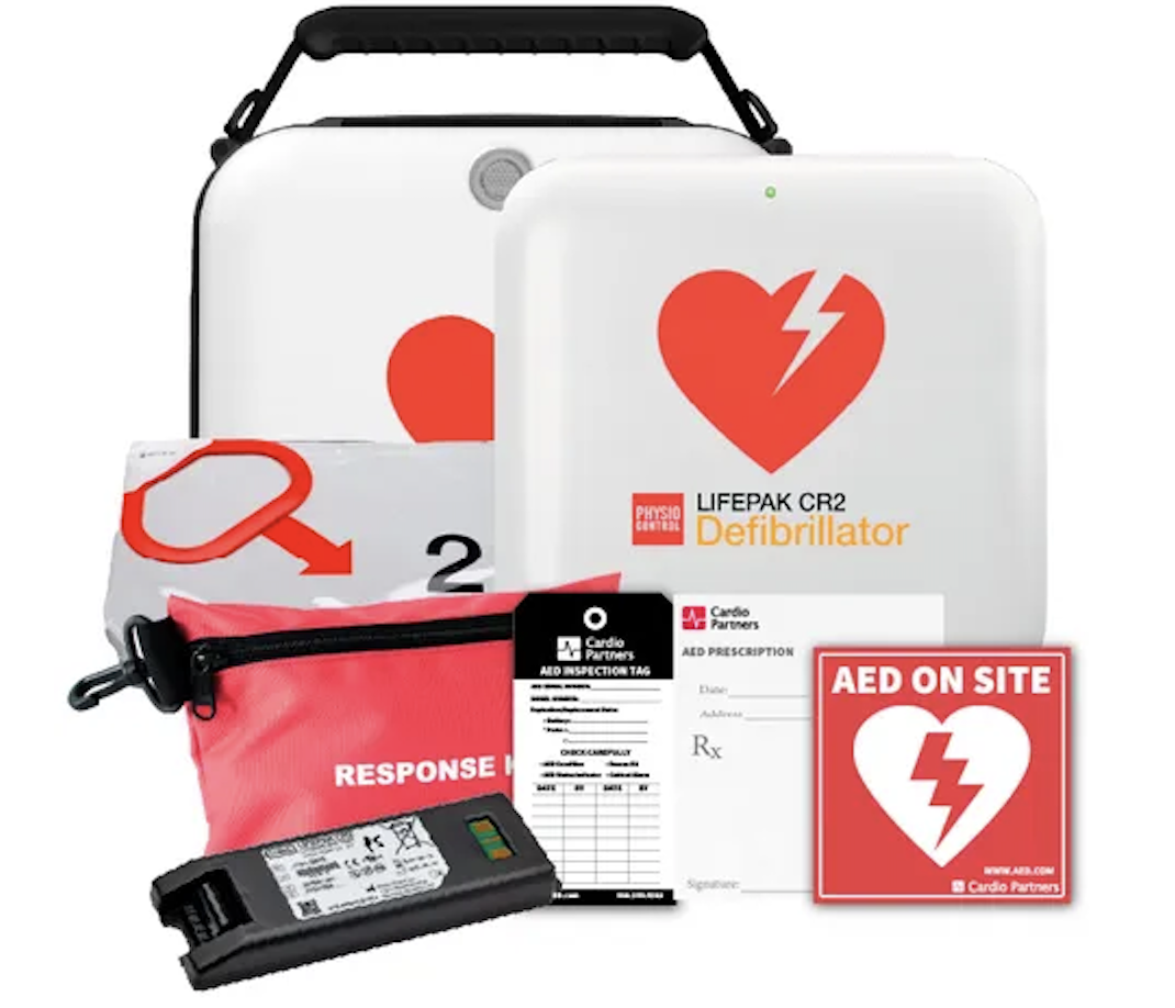 LIFEPAK CR2 Defibrillator by Stryker with response kit, AED inspection tag, and AED On Site sign
