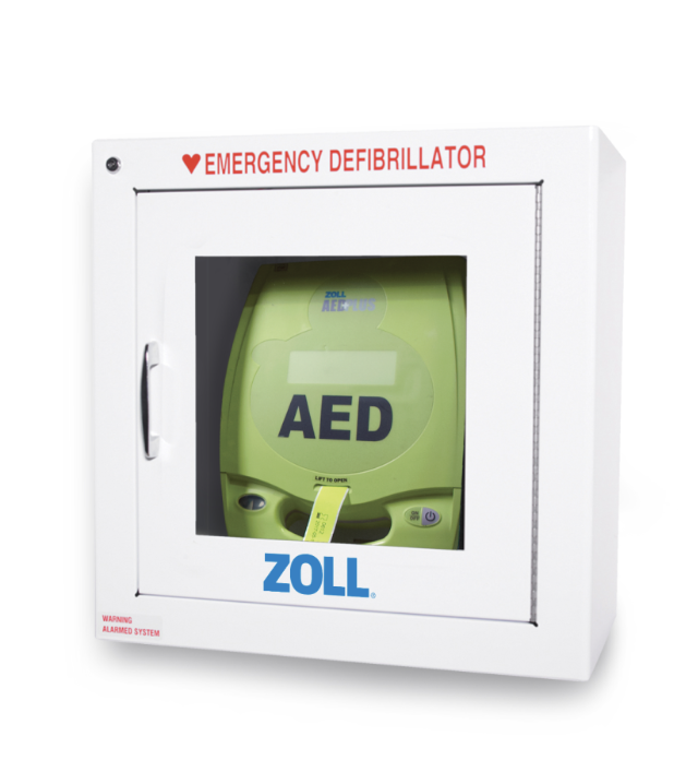 Wall-mounted ZOLL AED Plus in emergency defibrillator cabinet