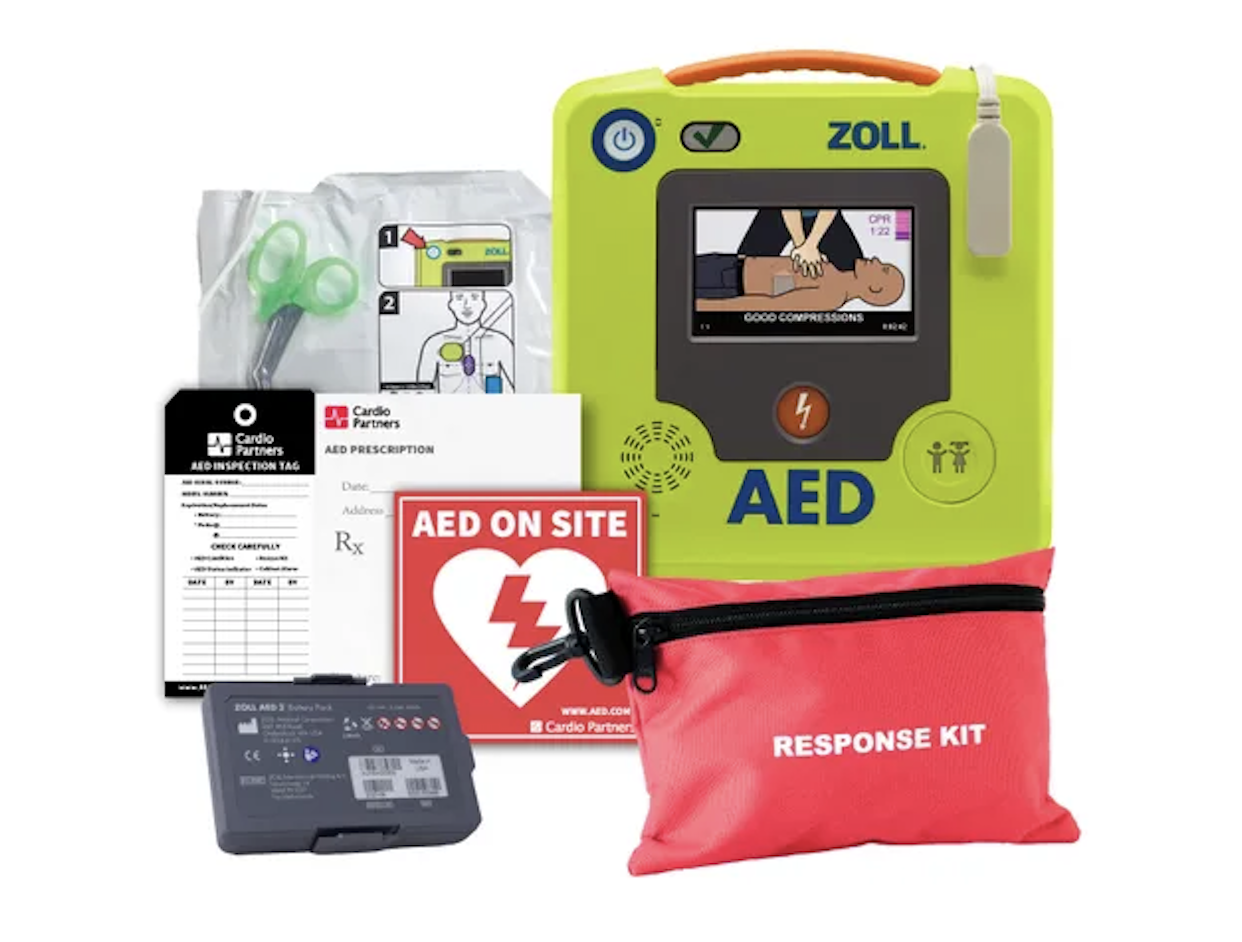 ZOLL AED 3 Defibrillator with CPR feedback display, response kit, and AED On Site sign