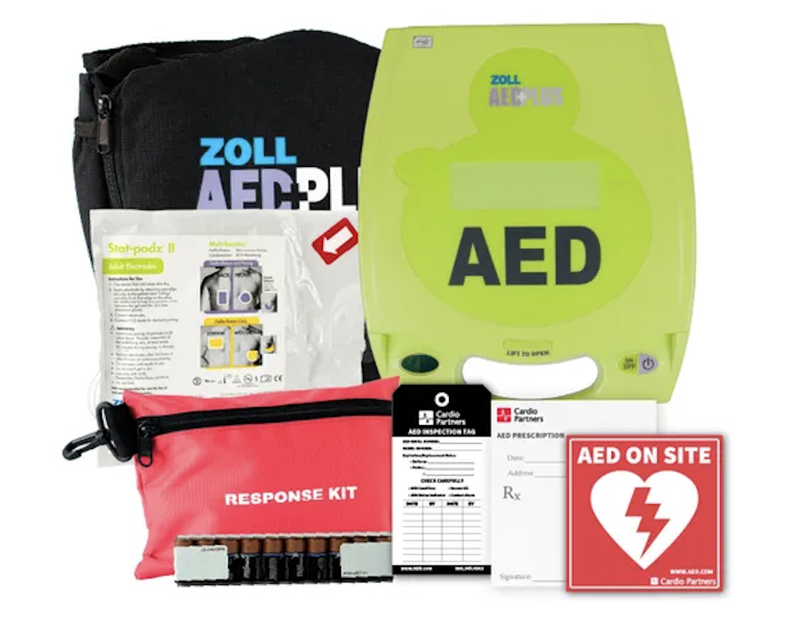 ZOLL AED Plus Defibrillator with carrying case, response kit, and AED On Site sign